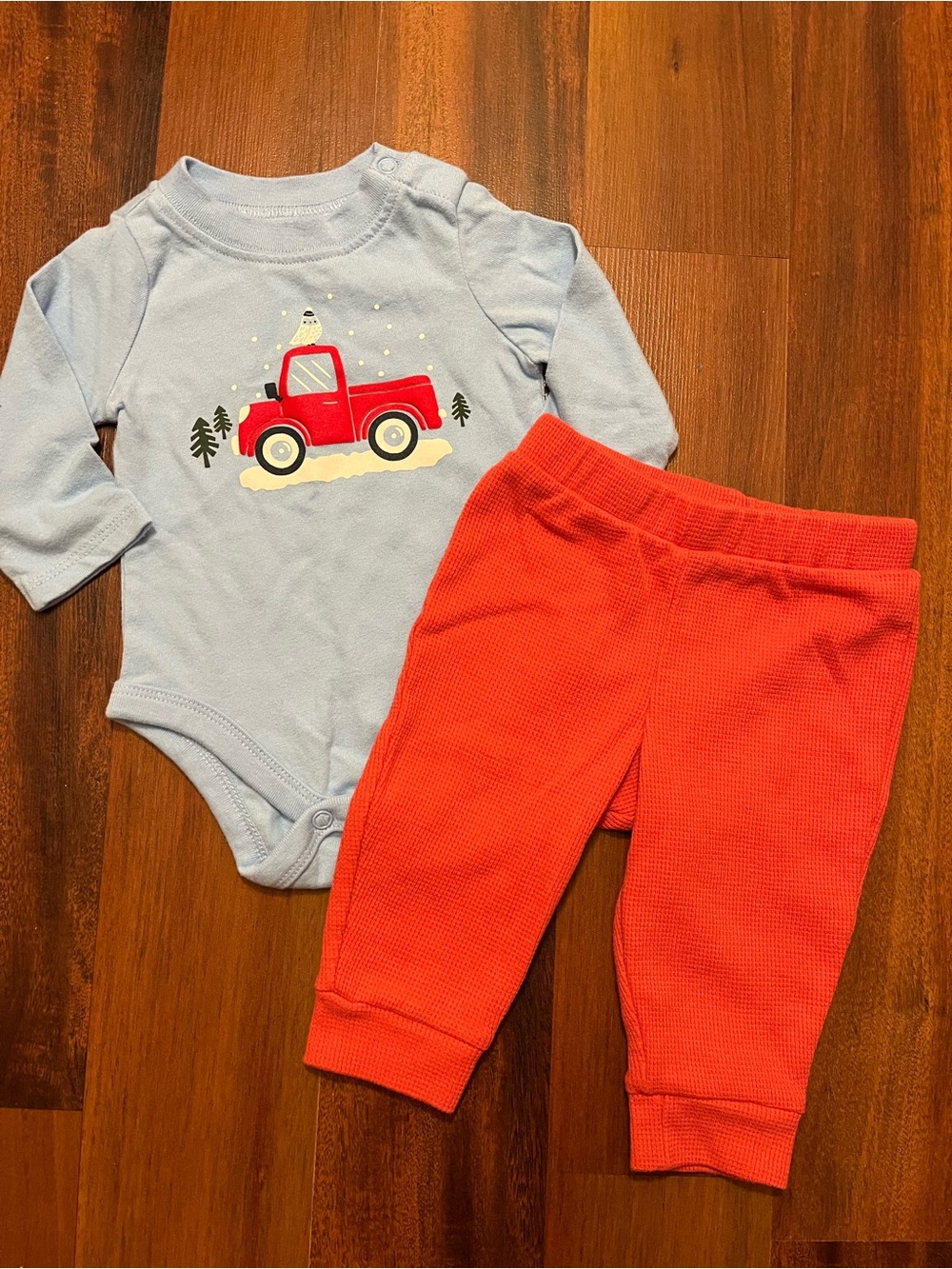 0-3 & 3-6 Months Red Christmas Truck Long Sleeve Onesie & Red Pants Outfit